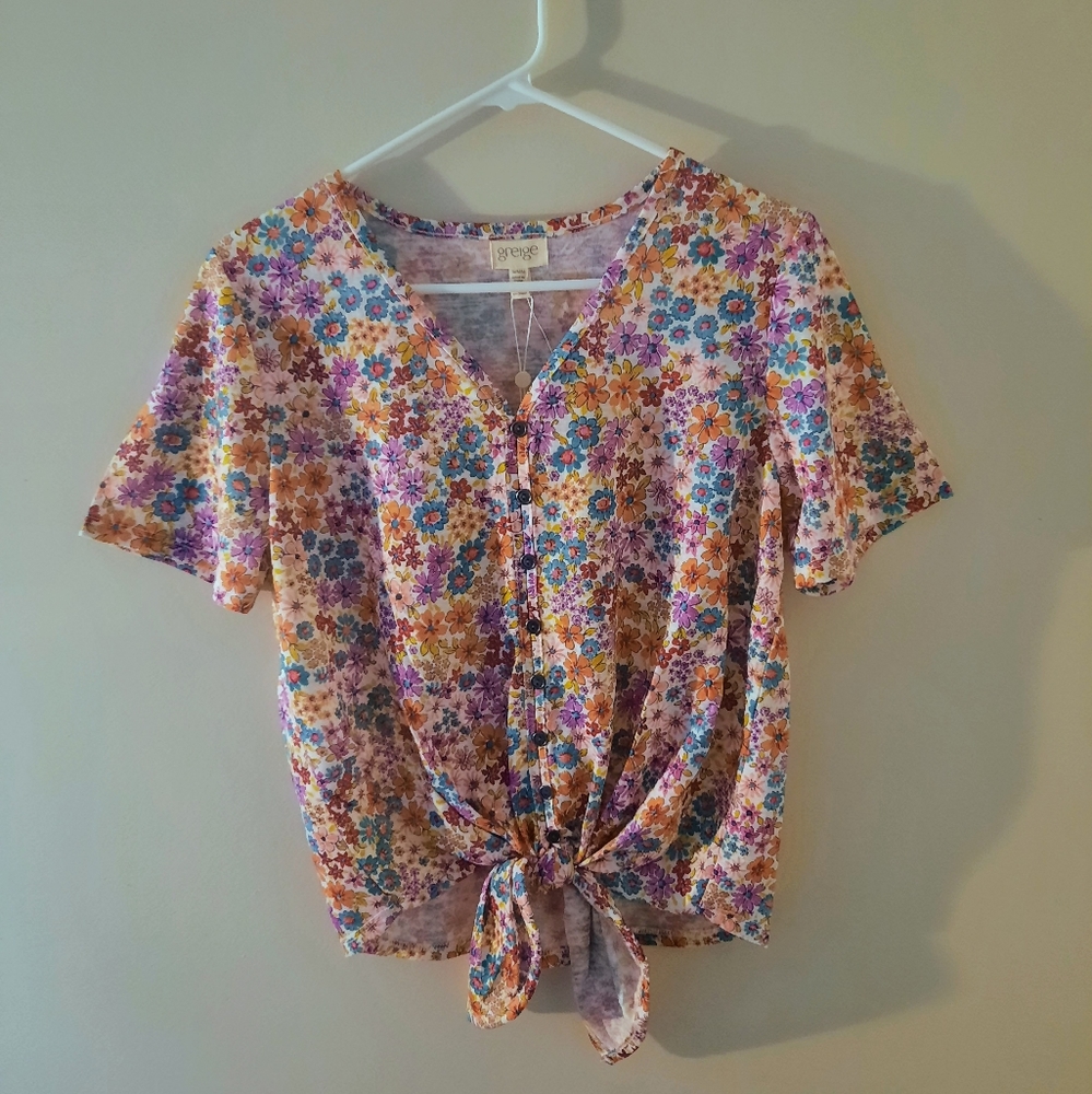 Greige Vibrant Floral V-Neck Top